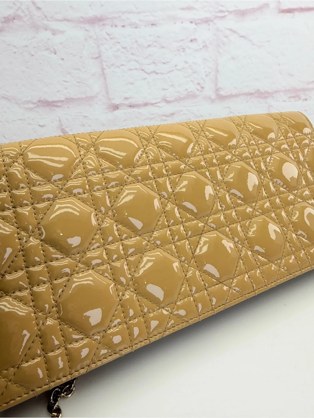 Christian Dior Patent Cannage Lady Dior Convertible Clutch Beige